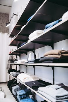 Neatly organized shelves with folded clothes in a contemporary store setting.